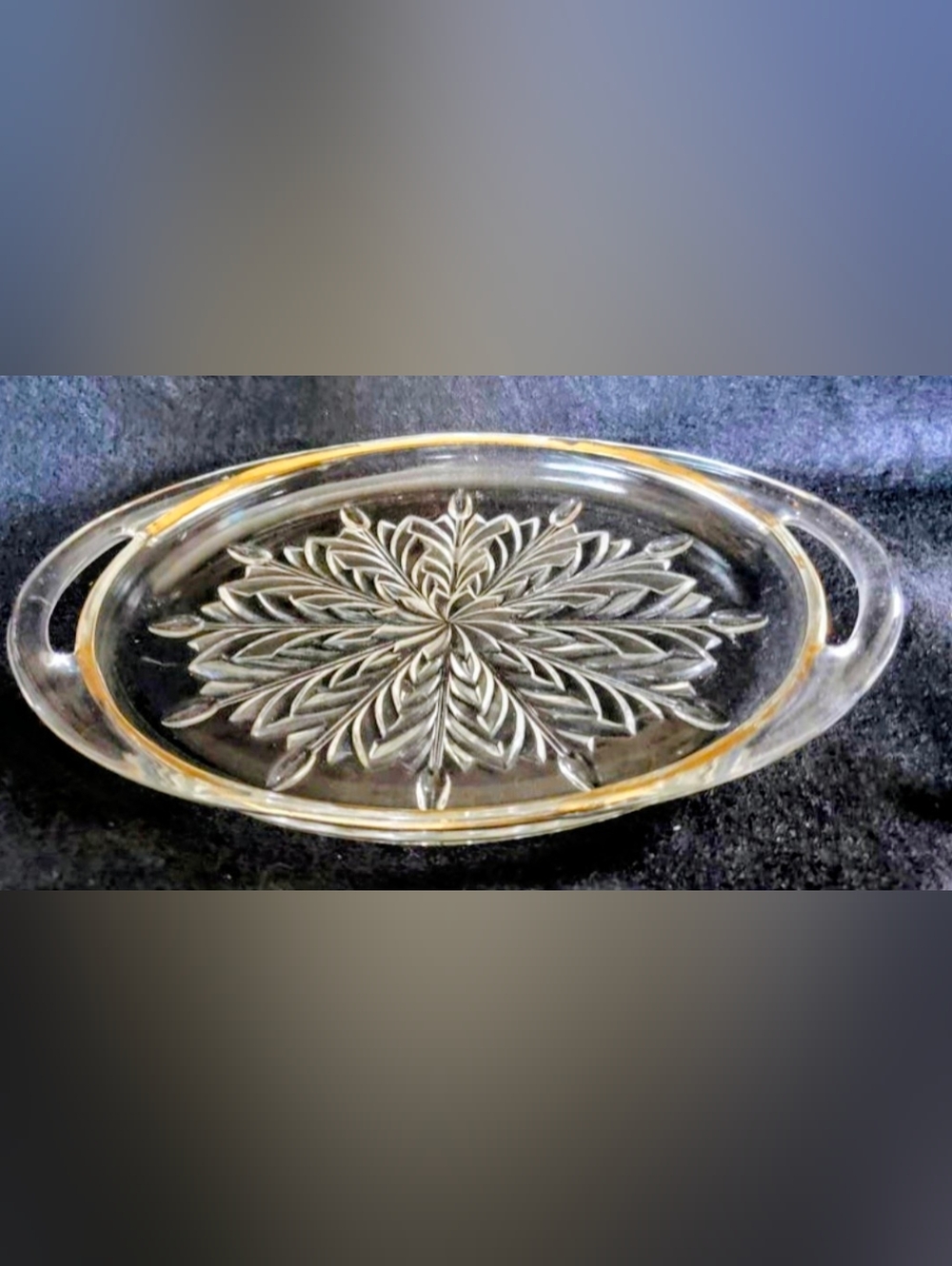 JEANNETTE COMPANY Vint/Antique PRESSED & GILDED RELISH TRAY 🪶 2-Handled Feather